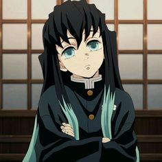 an anime character with long black hair and blue eyes, standing in front of a window