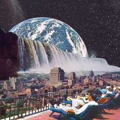 people are lounging on benches in front of a view of the earth and waterfall