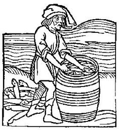 a black and white drawing of a woman with a barrel