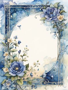 a blue and white frame with flowers in the center on a watercolor painting background