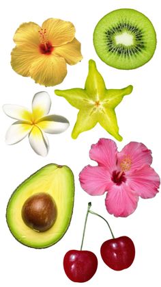 various fruits and vegetables are arranged in the shape of a flower, an avocado, and two cherries