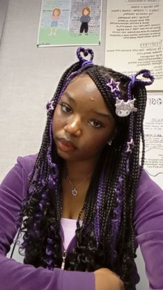 black and purple braids, kuromi hair, black kawaii girls, kawaii braids, kawaii black hairstyles, purple braids Hair Aesthetic Braids, Cute Crochet Braids Hairstyles, Braid Color Pattern, Kuromi Hair, Kawaii Braids Hairstyles, Cool Box Braids Color, Braids For Black Women Beads, Hairstyles Quick Braids, Cute Purple Hair