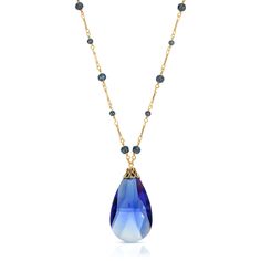 14K Gold Dipped Faceted Briolette Pendant Necklace 30 Inch Blue Chic Fashionista, 1928 Jewelry, Vintage Inspired Jewelry, Color Stones, Sapphire Color, Logo Tag, Beaded Top, Gold Dipped, Faceted Glass