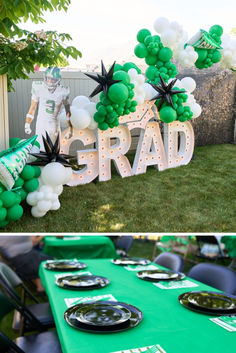 an outdoor party with green and white decorations, balloons and plates on the table for st patrick's day