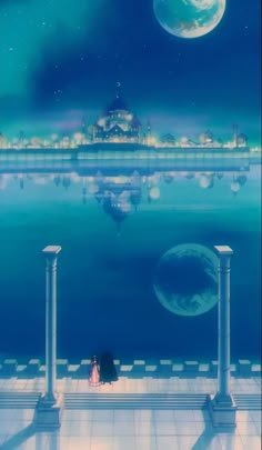 an anime scene with two people sitting on the steps and looking at the moon in the sky