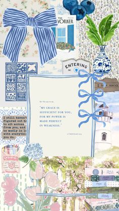 a collage with blue and white flowers, pictures, and words on it's side