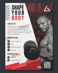 a flyer for a bodybuilding gym with a man lifting a barbell in front of him