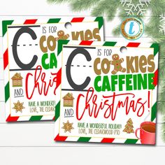 two christmas cards with the words cookies and coffee on them