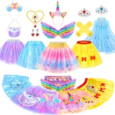 PRICES MAY VARY. Excellent Value Kids Dress Up Clothes for Play: Bring your little princess's fairy tale dreams to life with our princess costumes for kids. Four girls' skirts, two princess crowns, two headbands, a princess cape, a wing, a bag, a pair of princess gloves and a complete set of princess necklaces, bracelets, rings, and earrings accessories. All dress up clothes and accessories packaged in a beautiful gift storage box. A ideal gift for girls Four Unique Styles Princess Tutu With Ric Mermaid Dress Blue, Toddler Princess Costume, Purple Mermaid Dress, Yellow Princess Dress, Kids Princess Dress, Princess Gloves, Rich Accessories, Toddler Dress Up, Princess Cape