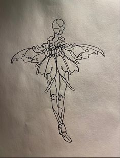 a drawing of a woman with wings on her body and legs, in black ink