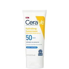 Developed with dermatologists, CeraVe Hydrating Sunscreen Face Lotion provides broad-spectrum protection with 100% mineral sunscreen that reflect the sun’s damaging UVA/UVB rays. This lightweight formula provides all day hydration with three essential ceramides that help restore the skin’s natural barrier and lock in moisture long after. | CeraVe 100% Mineral Hydrating Face Sunscreen SPF 50, 2. 5 fl. oz | Dermstore Good Sunscreen For Face, Sunscreen Face, Physical Sunscreen, Chemical Sunscreen, Best Sunscreens, Body Sunscreen, Sunscreen Spf 50, Best Skincare Products, Protector Solar