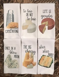 four napkins with different types of cheese printed on them and the words, to brie or not to brie