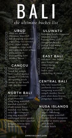 the bali travel guide is shown in black and white, with an image of a waterfall