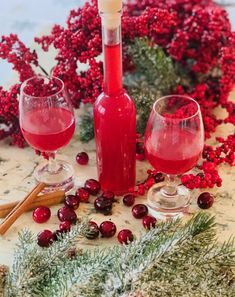 two wine glasses and a bottle of red wine on a table