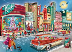 a christmas scene with people and cars on the street