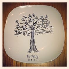 a white plate with a family tree on the front and writing on the back side