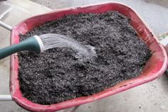 a red wheelbarrow filled with dirt and a green hose