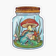 a frog sitting in front of a jar filled with mushrooms and grass sticker on a white background