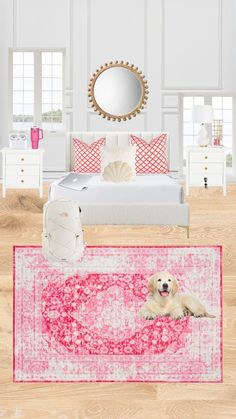 a dog laying on top of a rug next to a bed in a white room