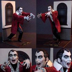 the joker statue is being displayed in four different poses, including one with his mouth open and