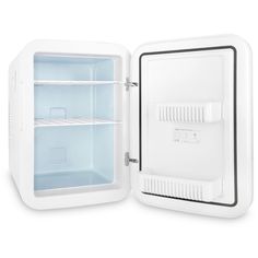 an open white mini fridge with its door open on a white background and no one inside