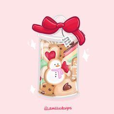 a cookie in a bag with a snowman on it and a red bow around its neck