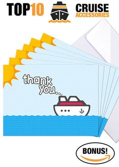 thank you cards with an image of a boat on the water and top 10 cruise accessories