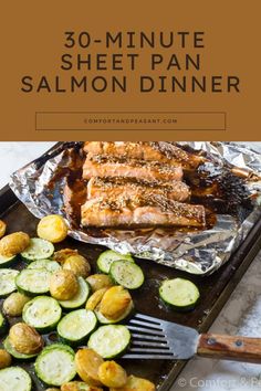 salmon and zucchini on a sheet pan with the title overlay reads 30 - minute sheet pan salmon dinner