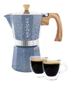 a blue coffee maker with two cups next to it and a wooden handle on the top