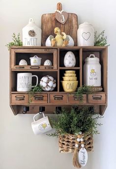 a wooden shelf filled with lots of different items