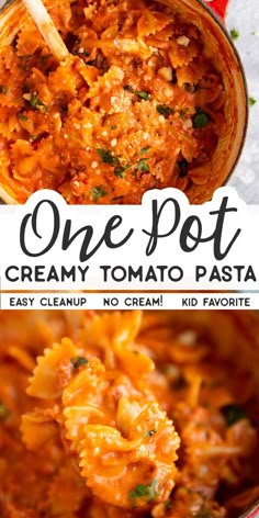 one pot creamy tomato pasta in a red bowl with a wooden spoon and title overlay