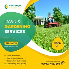 an advertisement for lawn and gardening services, with the image of a man on a mower