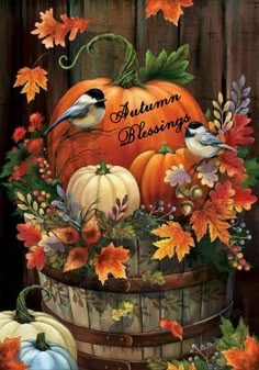 an autumn painting with pumpkins, leaves and birds in a basket on the ground