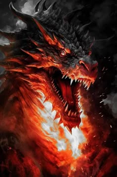 a dragon with its mouth open and it's eyes wide open, in flames