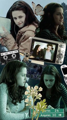 the collage shows two girls and one is holding a cell phone while another girl holds a book