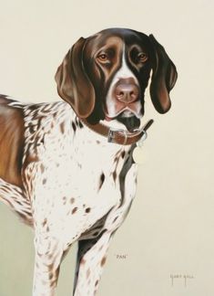 a painting of a brown and white dog standing next to a wall with its tongue hanging out