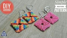 two small earrings made out of different colored yarns on a wooden surface with the words simple