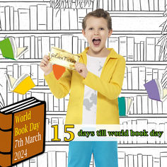 a young boy holding up a book in front of bookshelves with the words world book day on it