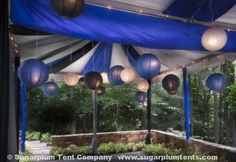 blue and white lanterns hanging from the ceiling in an outdoor tent with trees behind it