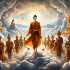 a painting of buddha surrounded by clouds and other people in the sky with birds flying around