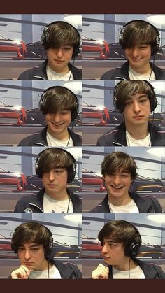 multiple pictures of a young man with headphones on and in front of his face