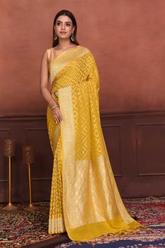 Shop mango yellow Katan silk Banarasi saree online in USA with zari work. Look your best on festive occasions in latest designer sarees, pure silk sarees, Kanchipuram silk sarees, handwoven sarees, tussar silk sarees, embroidered sarees from Pure Elegance Indian clothing store in USA.-full view Silk Sarees Kanchipuram, Mango Yellow, Silk Banarasi Saree, Tussar Silk Sarees, Indian Clothing Store, Latest Designer Sarees, Katan Silk, Banarasi Saree, Zari Work