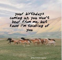 horses running in a field with the words, your birthday is coming up you won't hear from me, but know i'm thinking of you