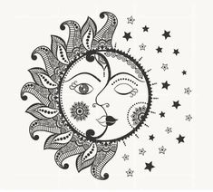 the sun and moon face with stars in the sky, hand drawn doodle style