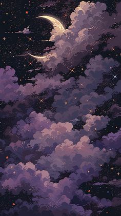 the night sky is filled with clouds, stars and a crescent in the middle of it