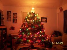 a living room with a christmas tree decorated in multicolored lights and pictures on the wall