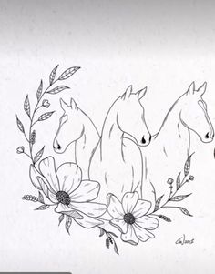 three horses with flowers and leaves on the back of their heads are drawn in pencil