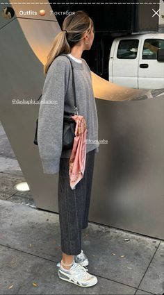 Onitsuka tiger, midi skirt, maxi skirt,  gray cashmere sweater jumper, loewe puzzle Gray Shoes Women Outfit, Outfits With Onitsuka Tiger, Grey Shoes Outfit Sneakers, Loewe Puzzle Outfit, Gray Jumper Outfit, Loewe Puzzle Bag Small Outfit