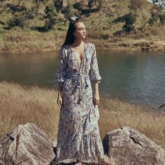 Nwot Never Used Elegant Boho Print Maxi Dress For Festival, Fitted Bohemian Dress For Brunch, Elegant Boho Print Maxi Dress For The Beach, Blue Bohemian Maxi Dress With Boho Print, Elegant Boho Print Maxi Dress For Vacation, V-neck Boho Print Dress For Garden Party, Elegant Boho Print Dress For Spring, Bohemian Long Sleeve Beach Dress For Brunch, Elegant Boho Dress With Boho Print For Spring