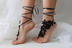 Black Open Toe Sandals For Wedding, Black Ankle Strap Sandals For Wedding, Black Adjustable Lace-up Sandals For Party, Party-ready Adjustable Closed Toe Lace-up Sandals, Black Closed Toe Barefoot Sandals For Beach, Handmade Barefoot Sandals For Party, Dark Royaltycore, Lace Wedding Sandals, Lace Barefoot Sandals